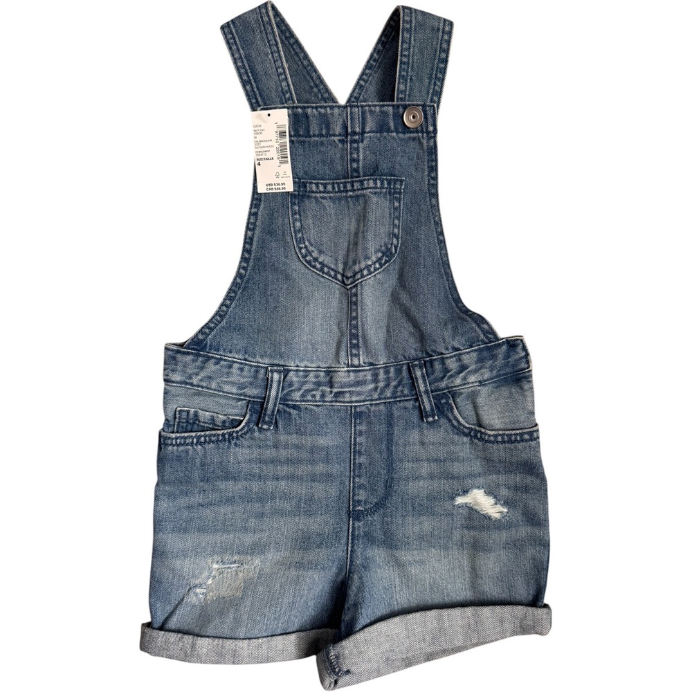 The Children's Place Girls Denim Shortalls Distressed Blue Overalls Size 4 NWT